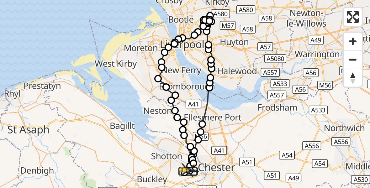 Flight route Police Helicopter Hawarden Airport - Hawarden Airport, 13 October 2026, 14:38