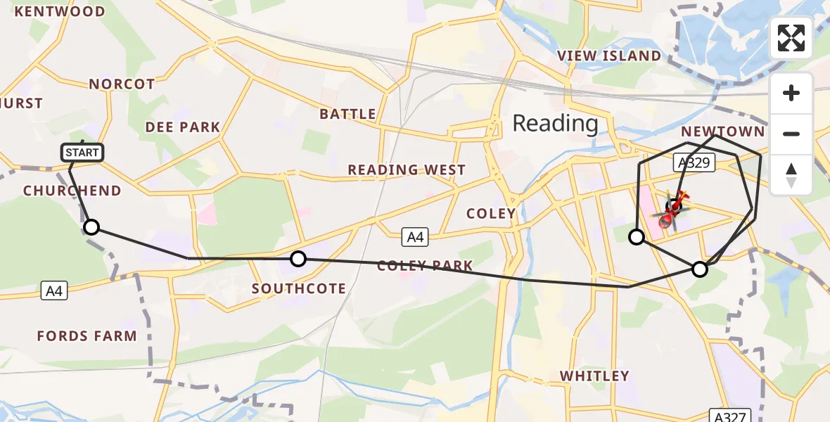 Flight route Air Ambulance Helicopter Reading - Royal Berkshire Hospital, 13 October 2026, 14:40