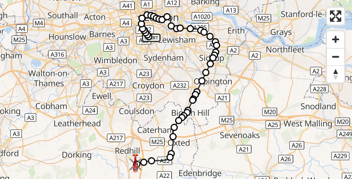 Flight route Air Ambulance Helicopter Kings College London Hospital - Redhill Aerodrome, 13 October 2026, 14:51