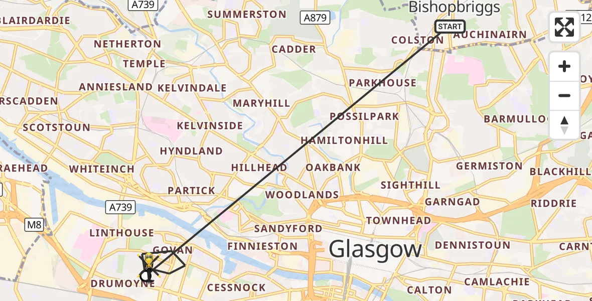 Flight route Police Helicopter Bishopbriggs - Glasgow, 13 October 2026, 14:56