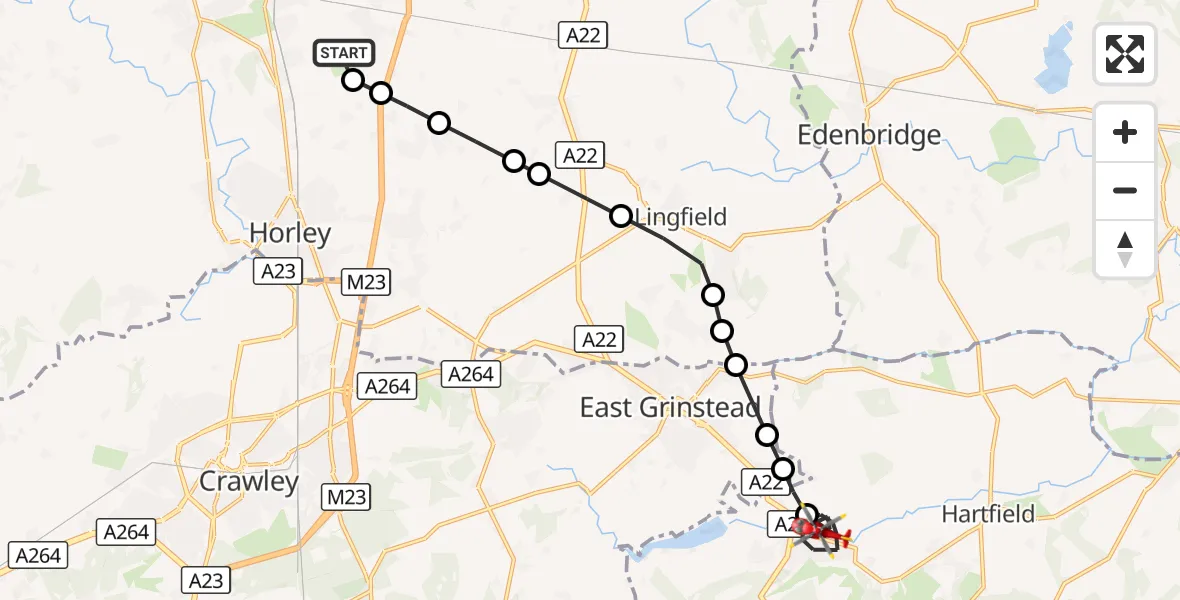 Flight route Air Ambulance Helicopter Redhill Aerodrome - Forest Row, 13 October 2026, 15:03