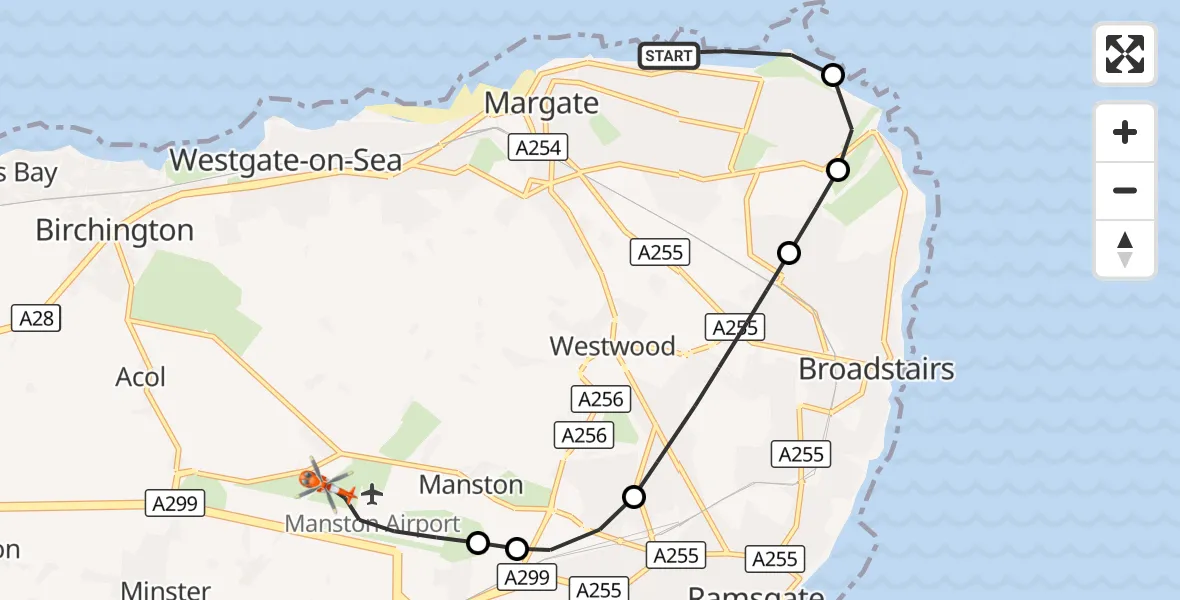 Flight route Coastguard Helicopter Margate - Manston Airport, 13 October 2026, 15:10