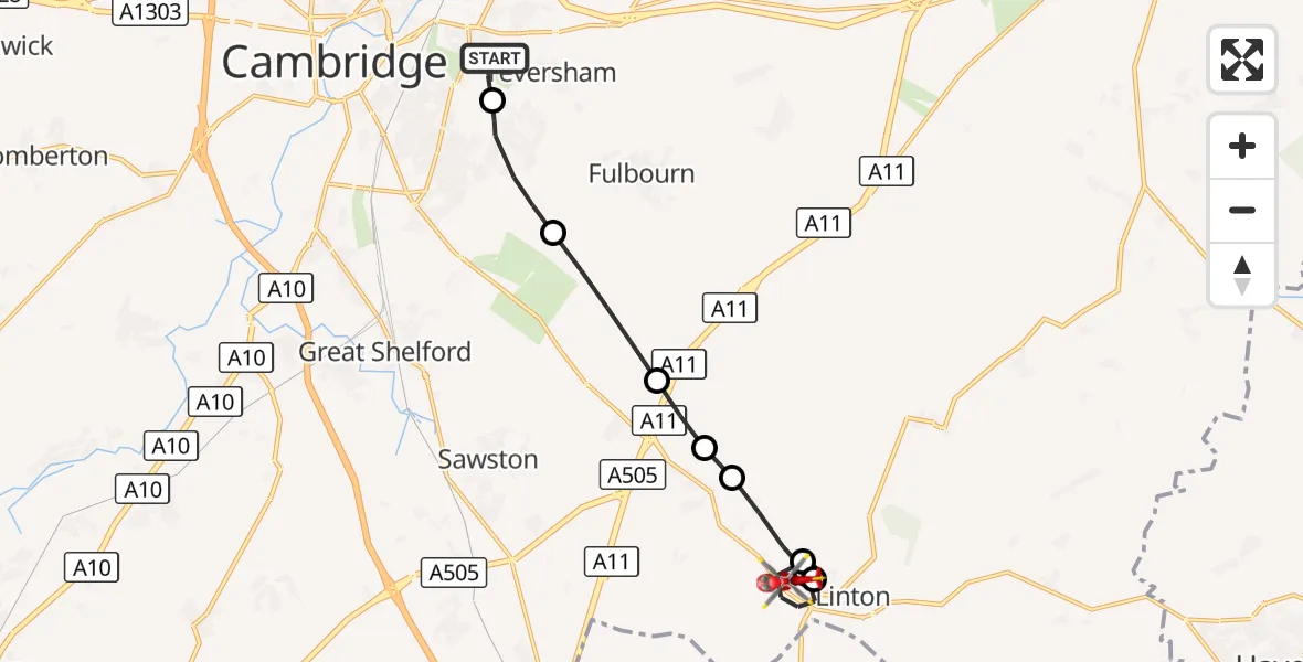 Flight route Air Ambulance Helicopter Cambridge City Airport - Linton, 13 October 2026, 15:15