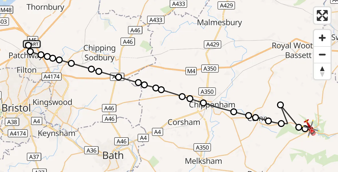 Flight route Air Ambulance Helicopter Almondsbury Helicopter Base - Beckhampton, 13 October 2026, 15:17