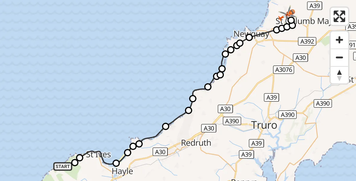 Flight route Coastguard Helicopter Zennor - Cornwall Airport Newquay, 13 October 2026, 15:18