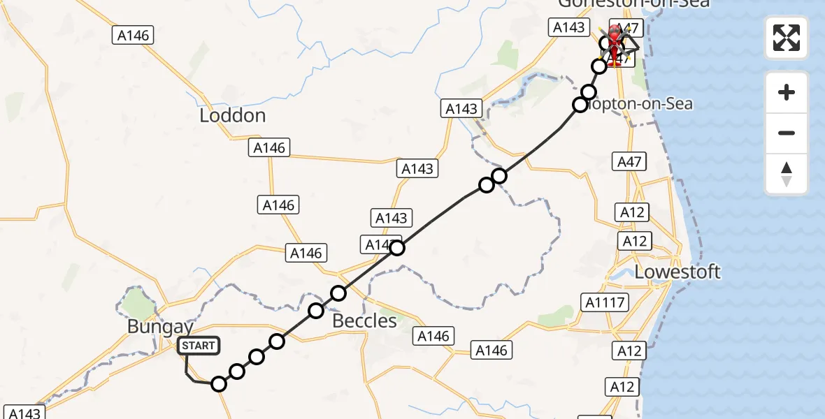Flight route Air Ambulance Helicopter Bungay - James Paget Hospital, 13 October 2026, 15:26