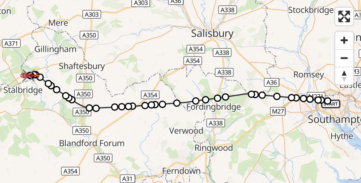 Flight route Air Ambulance Helicopter University Hospital Southampton - Henstridge Airfield, 13 October 2026, 15:30