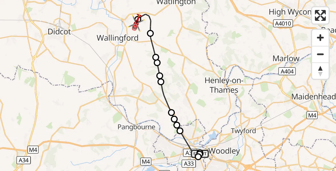 Flight route Air Ambulance Helicopter Royal Berkshire Hospital - RAF Benson, 13 October 2026, 15:33