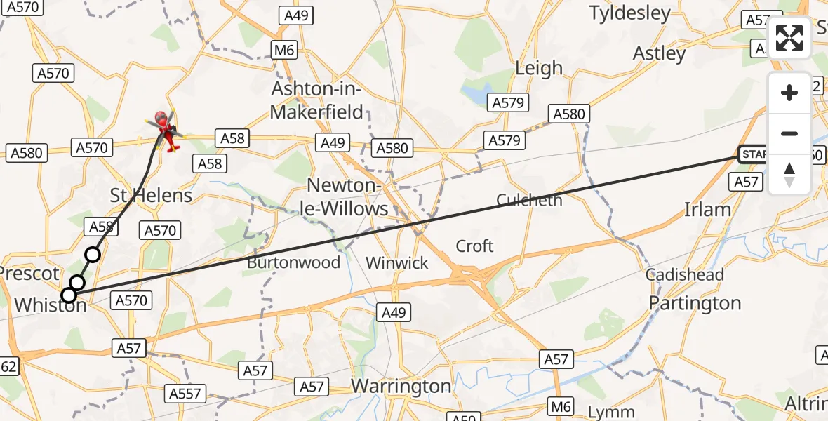 Flight route Air Ambulance Helicopter Manchester Barton Aerodrome - St Helens, 13 October 2026, 15:40
