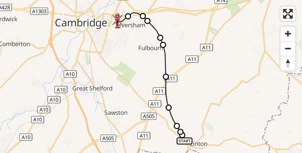 Flight route Air Ambulance Helicopter Linton - Cambridge City Airport, 13 October 2026, 15:56