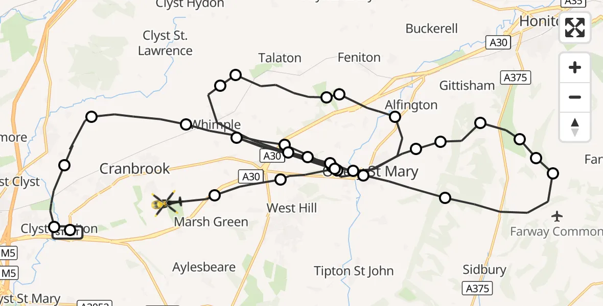 Flight route Police Helicopter Exeter International Airport - Rockbeare, 13 October 2026, 16:00