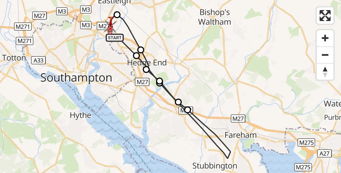 Flight route Air Ambulance Helicopter Eastleigh - Southampton Airport, 13 October 2026, 16:00