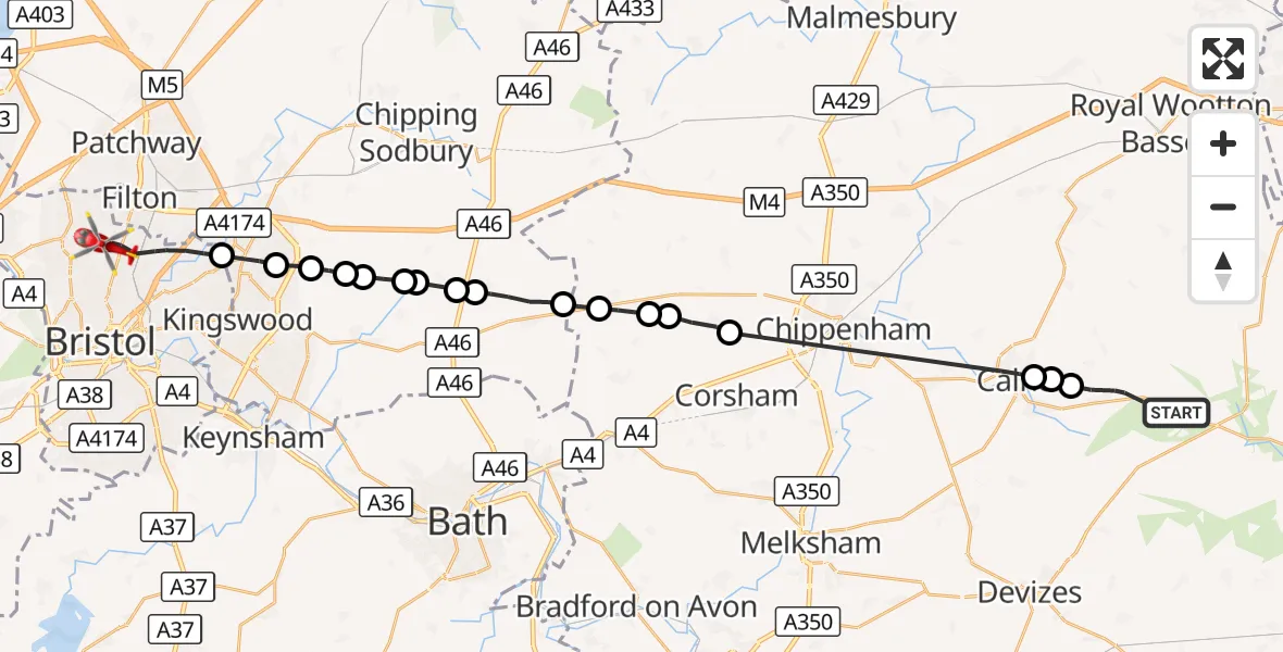 Flight route Air Ambulance Helicopter Cherhill - Bristol, 13 October 2026, 16:02