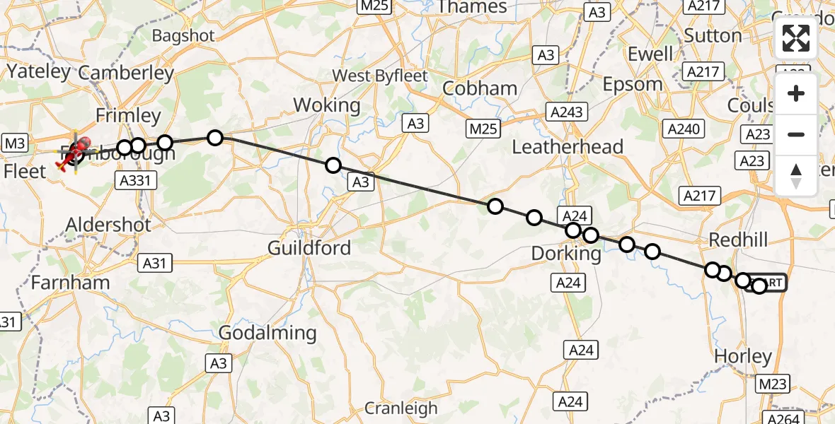 Flight route Air Ambulance Helicopter Redhill Aerodrome - Rushmoor, 13 October 2026, 16:09