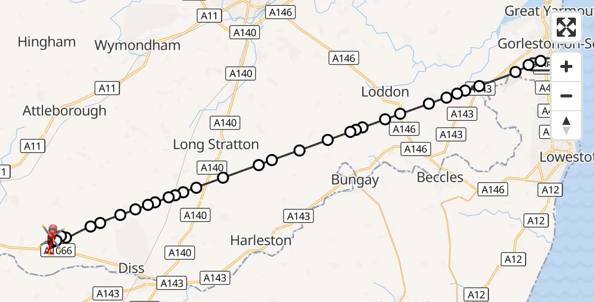 Flight route Air Ambulance Helicopter James Paget Hospital - South Lopham, 13 October 2026, 16:09