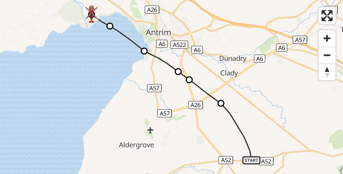 Flight route Air Ambulance Helicopter Antrim and Newtownabbey District - Randalstown, 13 October 2026, 16:24
