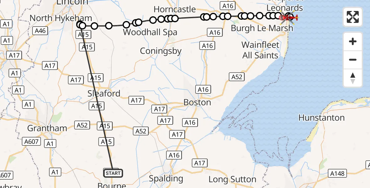 Flight route Air Ambulance Helicopter Morton - Winthorpe, 13 October 2026, 16:25