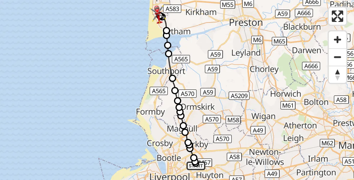 Flight route Air Ambulance Helicopter Dovecot - Blackpool Airport, 13 October 2026, 16:31