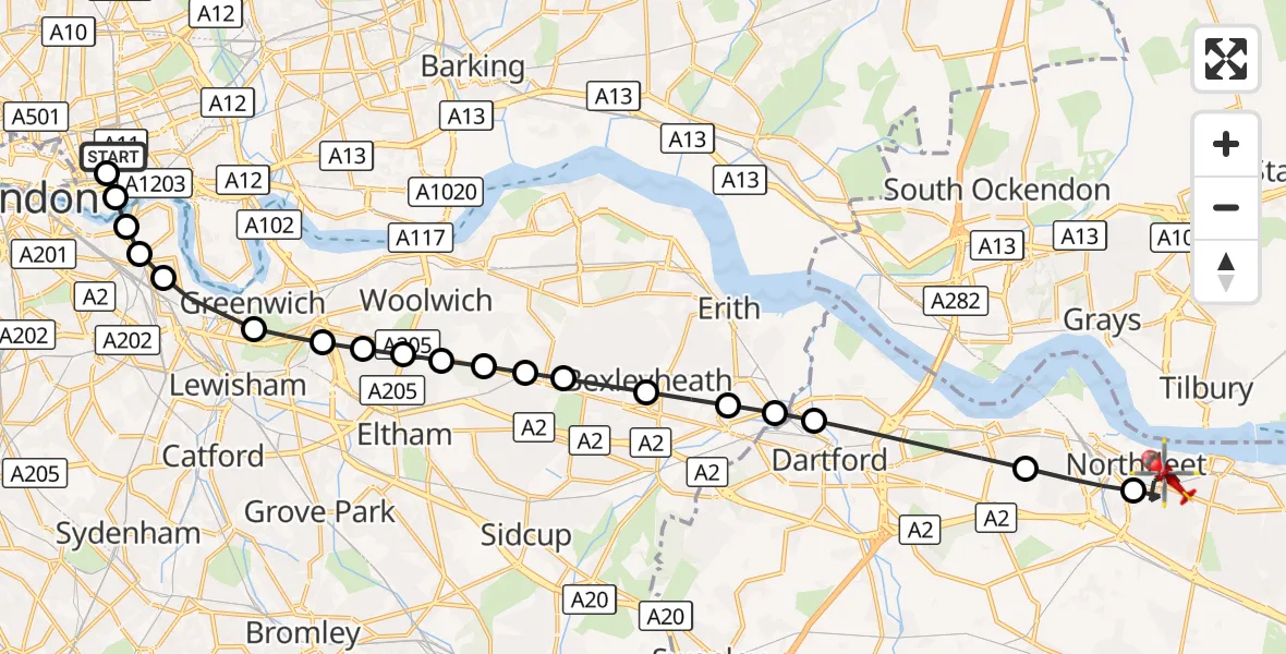 Flight route Air Ambulance Helicopter Royal London Hospital - Northfleet, 13 October 2026, 16:34