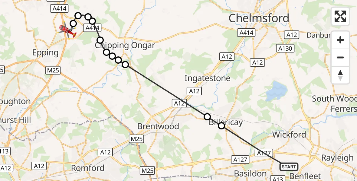 Flight route Air Ambulance Helicopter Basildon - North Weald Airfield, 13 October 2026, 16:41