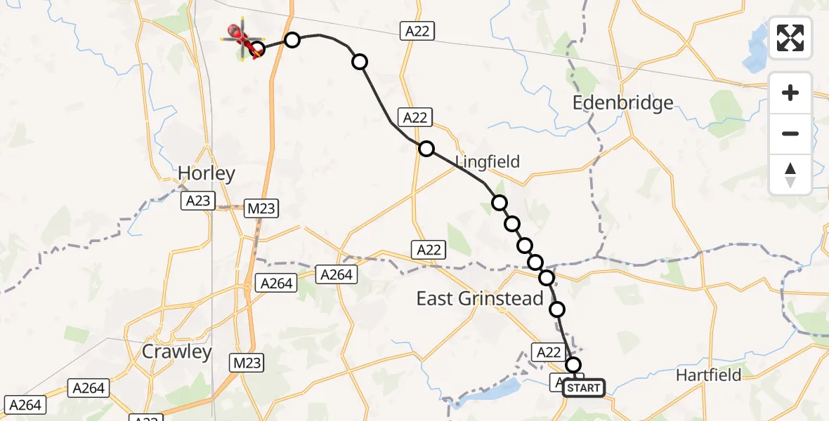 Flight route Air Ambulance Helicopter Forest Row - Redhill Aerodrome, 13 October 2026, 16:43
