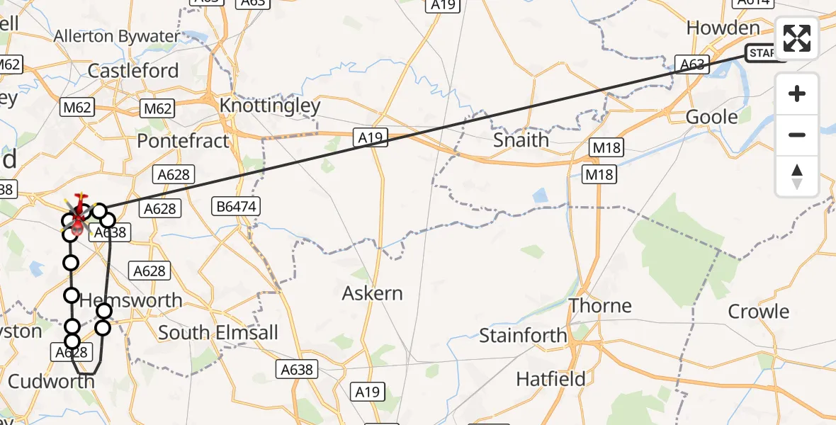 Flight route Air Ambulance Helicopter Balkholme - YAA Nostell Helicopter Port, 13 October 2026, 16:45