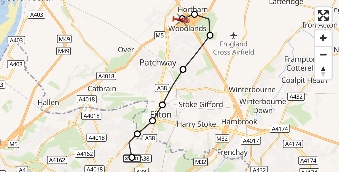 Flight route Air Ambulance Helicopter Southmead Hospital - Almondsbury Helicopter Base, 13 October 2026, 16:51