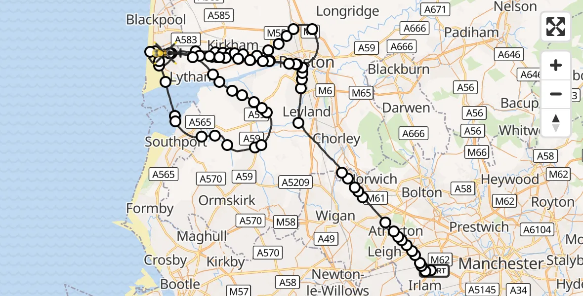 Flight route Police Helicopter Manchester Barton Aerodrome - Blackpool Airport, 13 October 2026, 17:09
