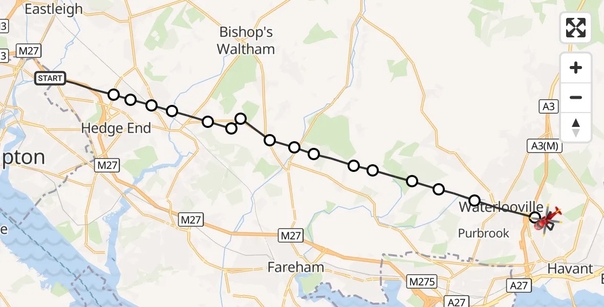 Flight route Air Ambulance Helicopter Eastleigh - Havant, 13 October 2026, 17:20