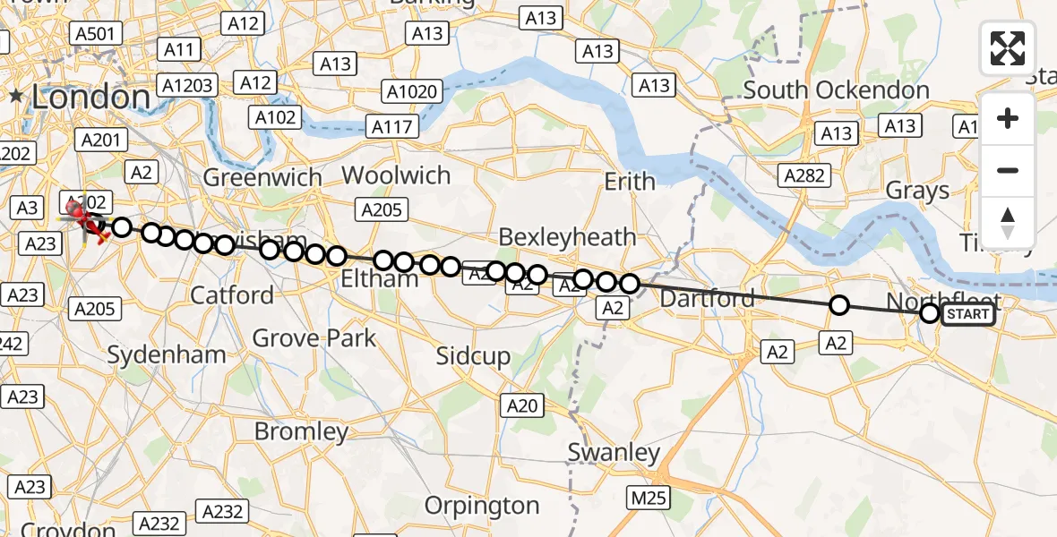 Flight route Air Ambulance Helicopter Northfleet - Kings College London Hospital, 13 October 2026, 17:24