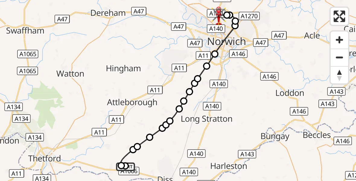 Flight route Air Ambulance Helicopter North Lopham - Norwich Airport, 13 October 2026, 17:25