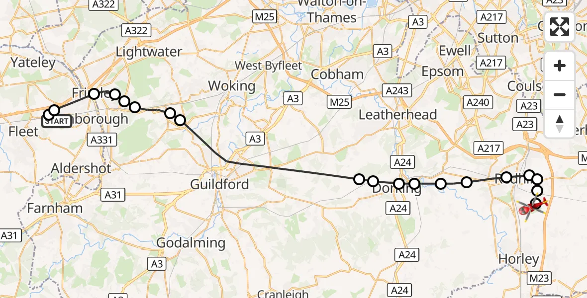 Flight route Air Ambulance Helicopter Rushmoor - Redhill Aerodrome, 13 October 2026, 17:28