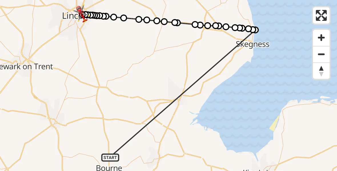 Flight route Air Ambulance Helicopter Morton - Lincoln, 13 October 2026, 17:49