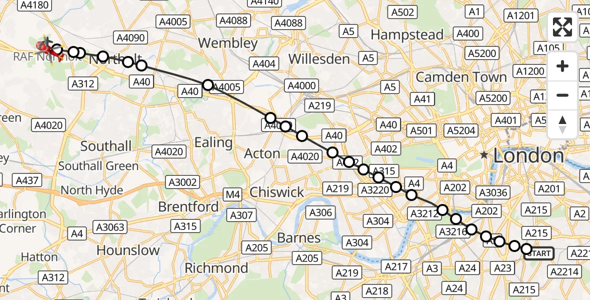 Flight route Air Ambulance Helicopter Kings College London Hospital - RAF Northolt, 13 October 2026, 18:00