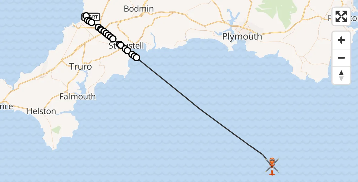 Flight route Coastguard Helicopter Cornwall Airport Newquay - English Channel, 13 October 2026, 18:07
