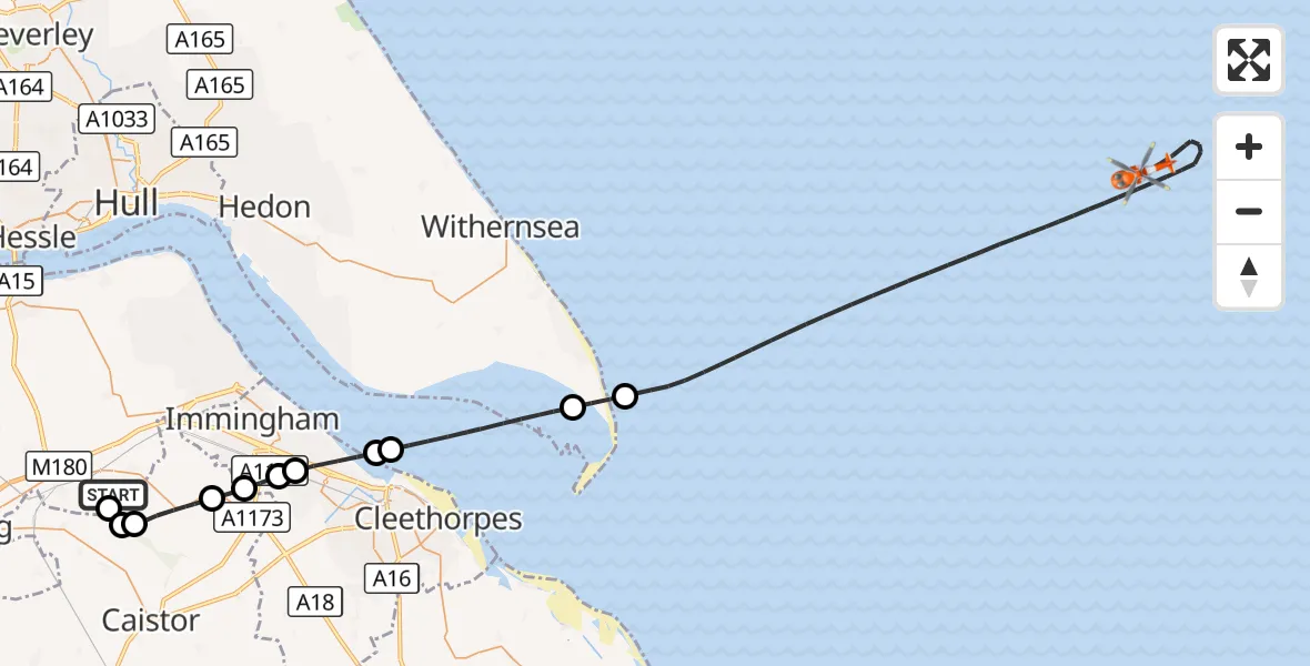 Flight route Coastguard Helicopter Humberside Airport - North Sea, 13 October 2026, 18:12