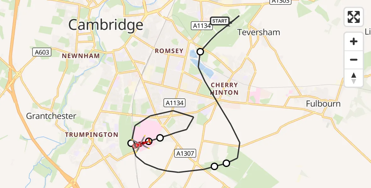 Flight route Air Ambulance Helicopter Cambridge City Airport - Papworth Hospital, 13 October 2026, 18:12