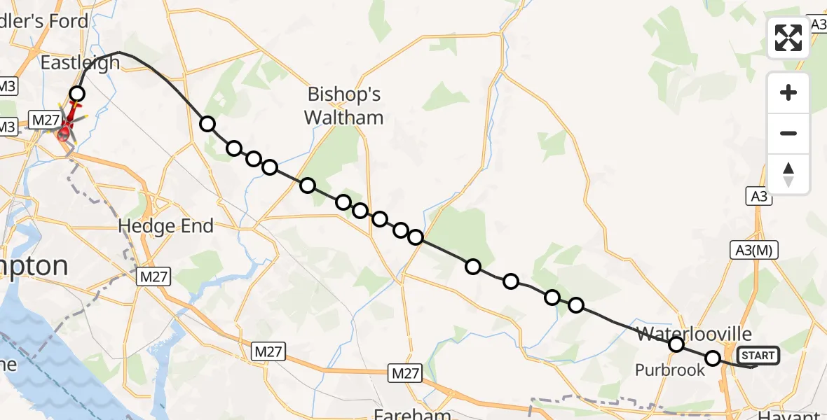Flight route Air Ambulance Helicopter Havant - Southampton Airport, 13 October 2026, 18:13