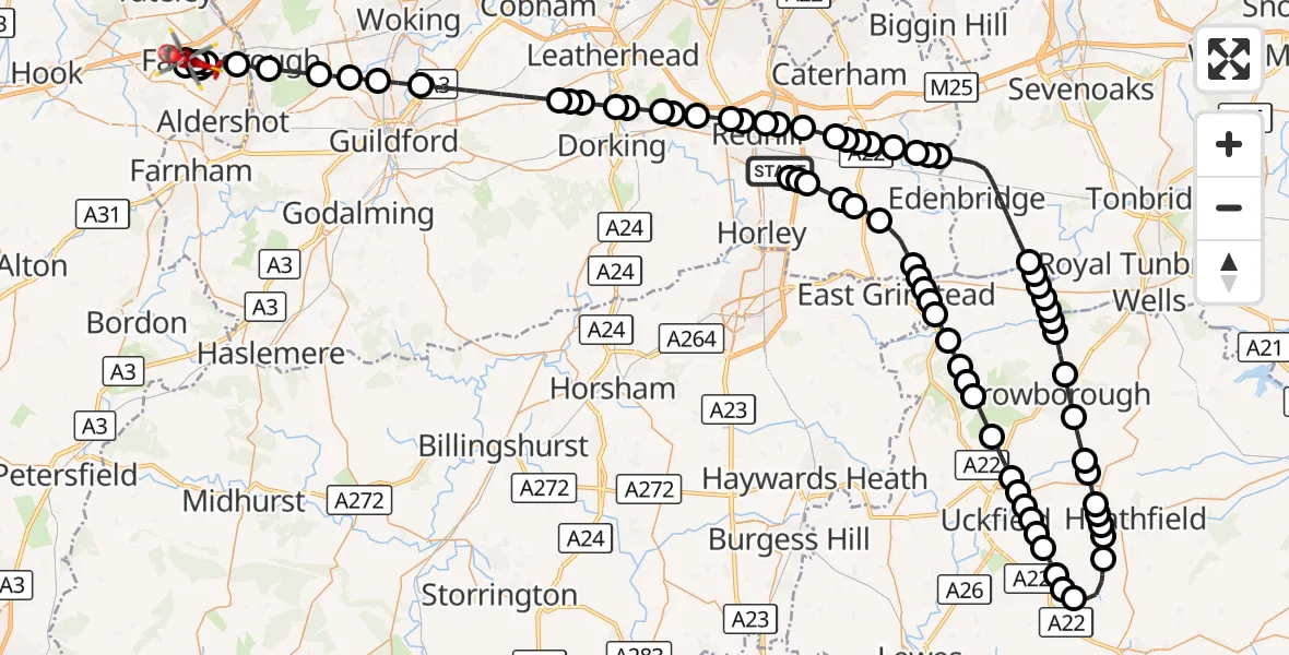 Flight route Air Ambulance Helicopter Redhill Aerodrome - Rushmoor, 13 October 2026, 18:27
