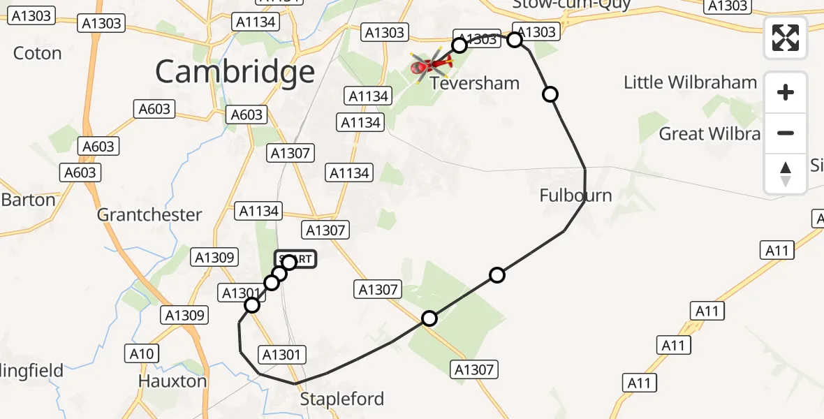 Flight route Air Ambulance Helicopter Papworth Hospital - Cambridge City Airport, 13 October 2026, 18:33