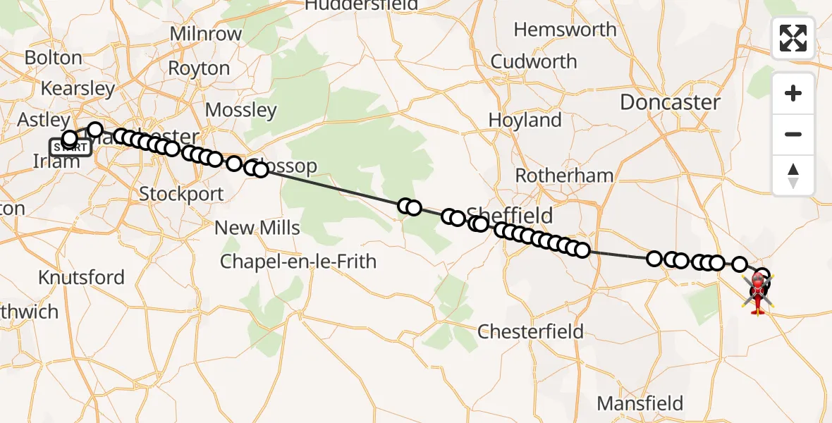 Flight route Air Ambulance Helicopter Manchester Barton Aerodrome - Retford Gamston Airport, 13 October 2026, 18:37