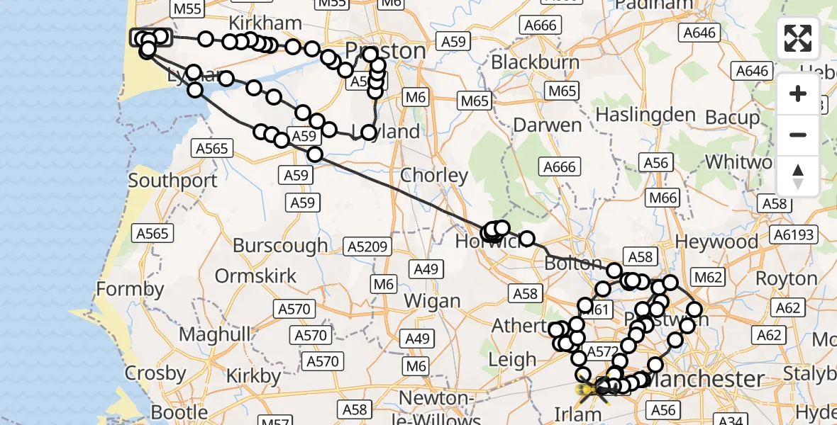 Flight route Police Helicopter Blackpool Airport - Manchester Barton Aerodrome, 13 October 2026, 18:45