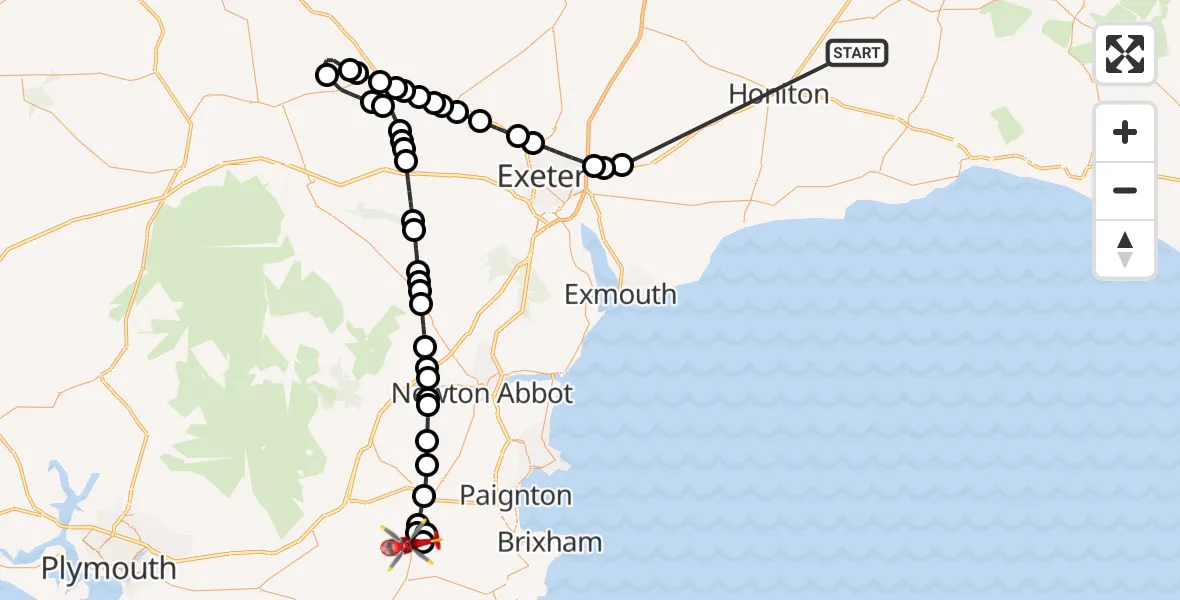 Flight route Air Ambulance Helicopter Stockland - Harbertonford, 13 October 2026, 18:46