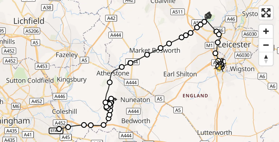 Flight route Police Helicopter Birmingham Airport - Blaby, 13 October 2026, 19:00