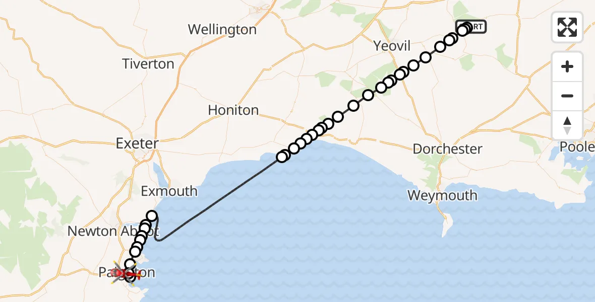Flight route Air Ambulance Helicopter Henstridge Airfield - Paignton, 13 October 2026, 19:21
