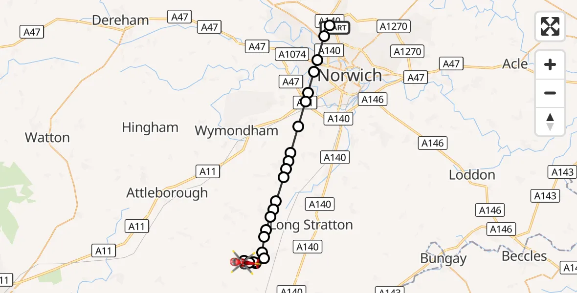 Flight route Air Ambulance Helicopter Norwich Airport - Priory Farm Airstrip, 13 October 2026, 19:23