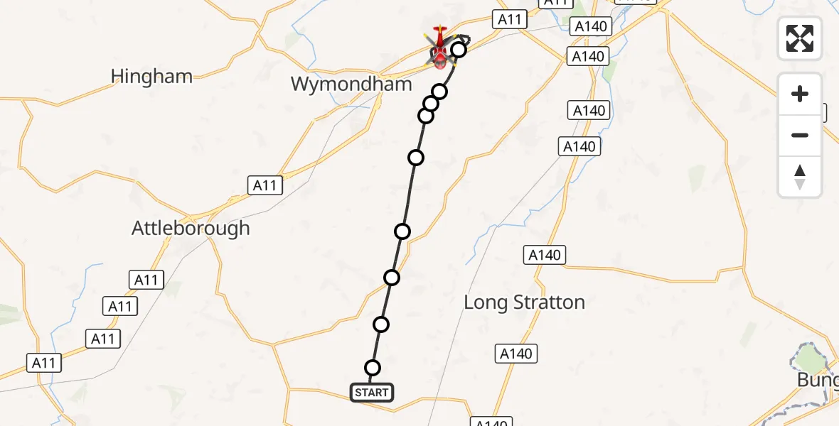 Flight route Air Ambulance Helicopter Priory Farm Airstrip - Hethersett, 13 October 2026, 19:46