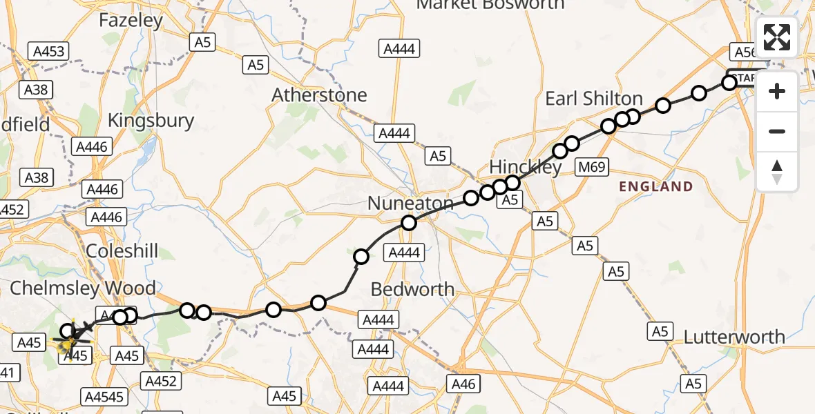 Flight route Police Helicopter Blaby - Birmingham Airport, 13 October 2026, 19:51