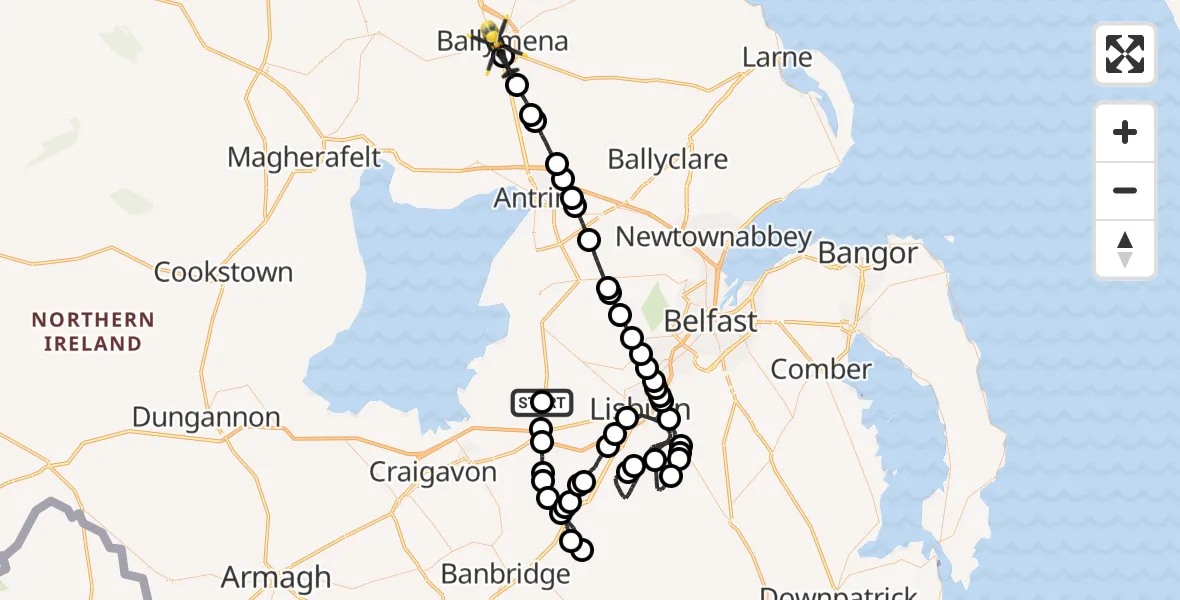 Flight route Police Helicopter Lisburn - Ballymena, 13 October 2026, 19:55