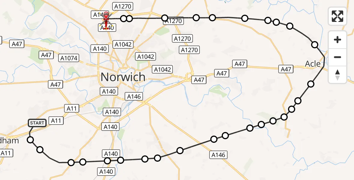 Flight route Air Ambulance Helicopter Hethersett - Norwich Airport, 13 October 2026, 19:59